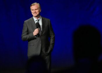 Christopher Nolan, director of the upcoming film "The Odyssey," speaks during the Universal Pictures and Focus Features presentation at CinemaCon on April 15, 2026, at Caesars Palace in Las Vegas. (AP Photo/Chris Pizzello)
