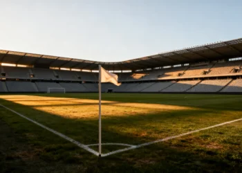 Empty football stadium with corner flag, illuminated by warm sunlight during sunset