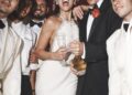 Bride and groom celebrating with friends and champagne.