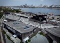 A view of the amphitheater from above, with the waterfront in the foreground.