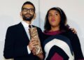 French directors Marjane Satrapi (R) and Vincent Paronnaud pose with their award for best debut film for