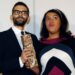 French directors Marjane Satrapi (R) and Vincent Paronnaud pose with their award for best debut film for