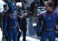 Karen Gillan, James Gunn, and Chris Pratt on set