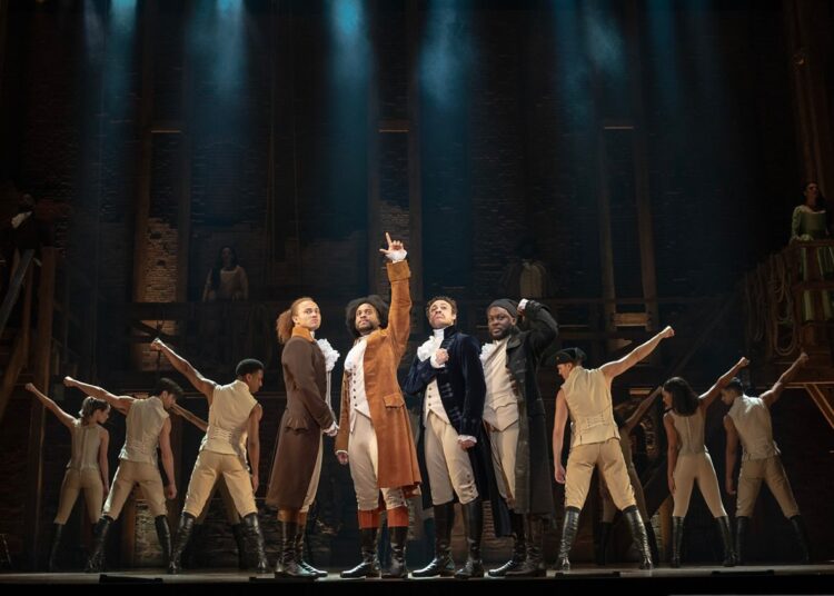 l-r) Nathan Haydel, Tyler Fauntleroy, Jared Howelton, Elvie Ellis, and Company - HAMILTON National Tour - (Courtesy:  Joan Marcus 2024)