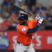ARLINGTON, TEXAS - SEPTEMBER 06: Yordan Alvarez #44 of the Houston Astros swings his bat during the first inning against the Texas Rangers at Globe Life Field on September 06, 2025 in Arlington, Texas. (Photo by Sam Hodde/Getty Images)