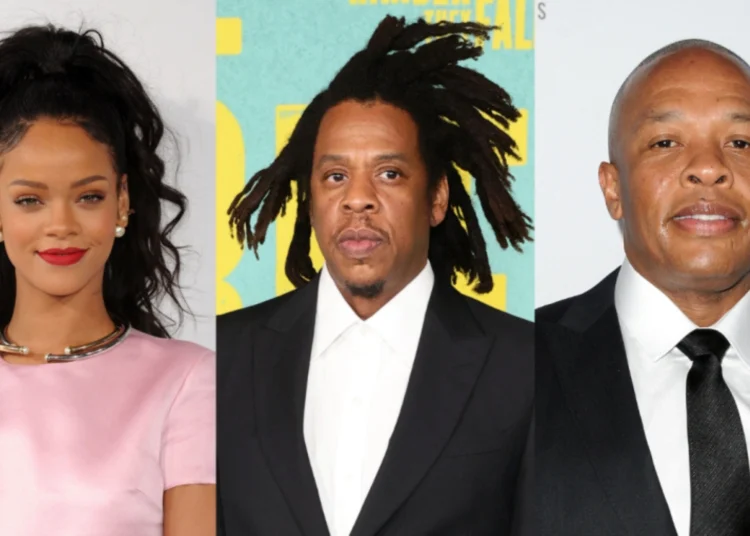Composite image of Rihanna, Jay-Z, and Dr Dre.