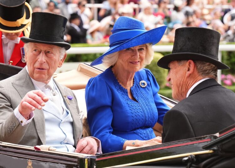 King Charles III and Queen Camilla with Brough Scott (right) at Royal Ascot