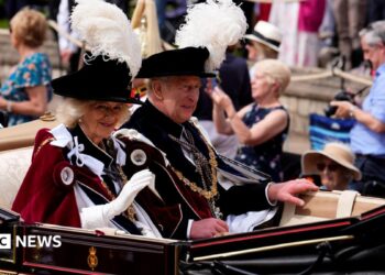 King Charles III and Queen Camilla in a carriage after attending the annual Order of the Garter Service at St George's Chapel, Windsor Castle on 15 June 2026.