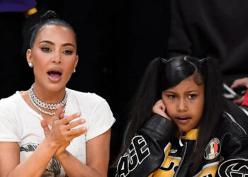 Kim Kardashian and daughter North West attend the Western Conference Semifinal Playoff game between the Los Angeles Lakers and Golden State Warriors at Crypto.com Arena on May 12, 2023 in Los Angeles, California.