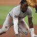 New York Yankees second baseman Jazz Chisholm Jr. (13) was safe at third base in the game against the Kansas City Royals on Tuesday, June 10, 2025, at Kauffman Stadium in Kansas City.