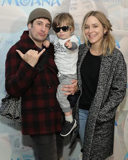 Jenny Mollen, right, and then-husband Jason Biggs, left, pose with son Sid Biggs while attending the Cinema Society screening of Disney's "Moana" at Metrograph in New York City on Nov. 20, 2016.