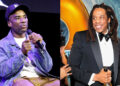 Split image. Left: Charlamagne Tha God speaking with a mic, wearing a cap and denim jacket. Right: Jay-Z in a tuxedo holding a bottle, smiling at an event.