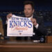 Jimmy Fallon shows off his New York Knicks banner on The Tonight Show.