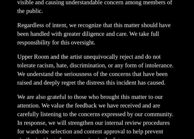 A statement from Upper Room apologizing for a vintage T-shirt with a sensitive symbol, addressing concerns and promising better oversight.