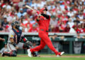 CINCINNATI, OHIO - MAY 30: JJ Bleday #22 of the Cincinnati Reds hits a two RBI home run in the second inning against the Atlanta Braves at Great American Ball Park on May 30, 2026 in Cincinnati, Ohio. (Photo by Andy Lyons/Getty Images)