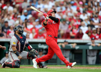 CINCINNATI, OHIO - MAY 30: JJ Bleday #22 of the Cincinnati Reds hits a two RBI home run in the second inning against the Atlanta Braves at Great American Ball Park on May 30, 2026 in Cincinnati, Ohio. (Photo by Andy Lyons/Getty Images)