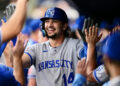 ST PETERSBURG, FLORIDA - JUNE 23: Jac Caglianone #14 of the Kansas City Royals celebrates hitting a two-run home run in the fifth inning against the Tampa Bay Rays at Tropicana Field on June 23, 2026 in St Petersburg, Florida.