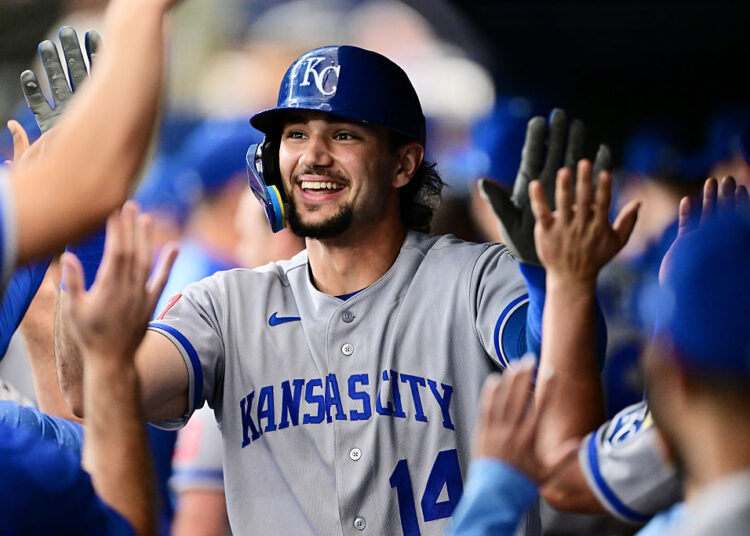 ST PETERSBURG, FLORIDA - JUNE 23: Jac Caglianone #14 of the Kansas City Royals celebrates hitting a two-run home run in the fifth inning against the Tampa Bay Rays at Tropicana Field on June 23, 2026 in St Petersburg, Florida.