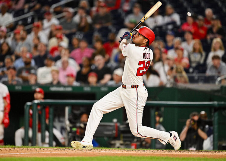 WASHINGTON, DC - JUNE 01: James Wood #29 of the Washington Nationals bats against the Miami Marlins at Nationals Park on June 01, 2026 in Washington, DC. (Photo by Jamie Sabau/Getty Images)