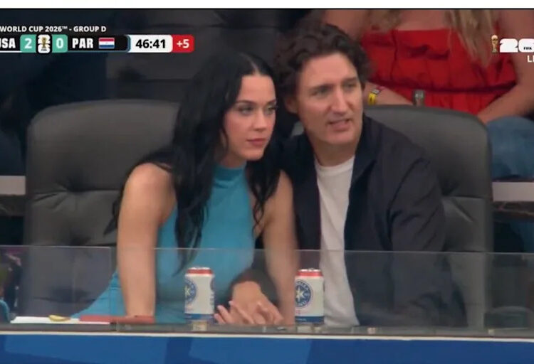 Katy Perry and Justin Trudeau were seen closely cuddling (as pictured here) at Team USA’s World Cup match against Paraguay on Friday. FOX SPORTS/ X