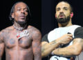 Rappers Sauce Walka and Drake side by side; Sauce Walka shirtless with tattoos, Drake with a beard and wearing a white vest.