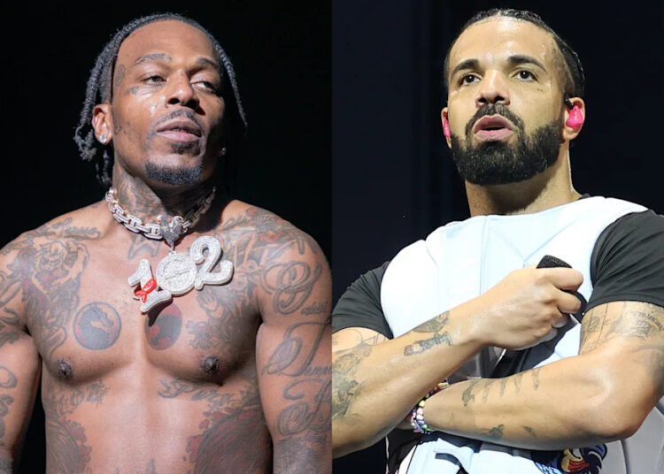Rappers Sauce Walka and Drake side by side; Sauce Walka shirtless with tattoos, Drake with a beard and wearing a white vest.