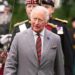 King Charles III wearing a grey suit with a white shirt and red and green striped tie. He is walking through the Palace Guard - a line of soldiers, wearing black uniforms.