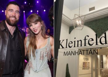 Taylor Swift and Travis Kelce on the left and Kleinfeld window front in Manhattan