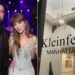 Taylor Swift and Travis Kelce on the left and Kleinfeld window front in Manhattan