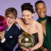 Josh Widdicombe, Emma Willis and Johannes Radebe holding glitter balls against a purple background