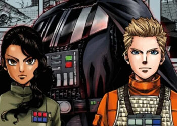 Thane Kyrell and Ciena Ree with Darth Vader in the background on the cover for the Star Wars: Lost Stars manga