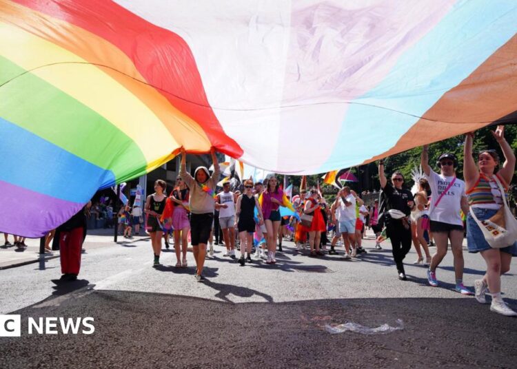A crowd of people holding a giant pride flag above their heads. The flag stretches the length of the photograph.  They are walking along a street and there are more people in the background.