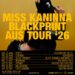 Square poster with a woman in a black pants, jacket and hat with a yellow background behind large yellow text
