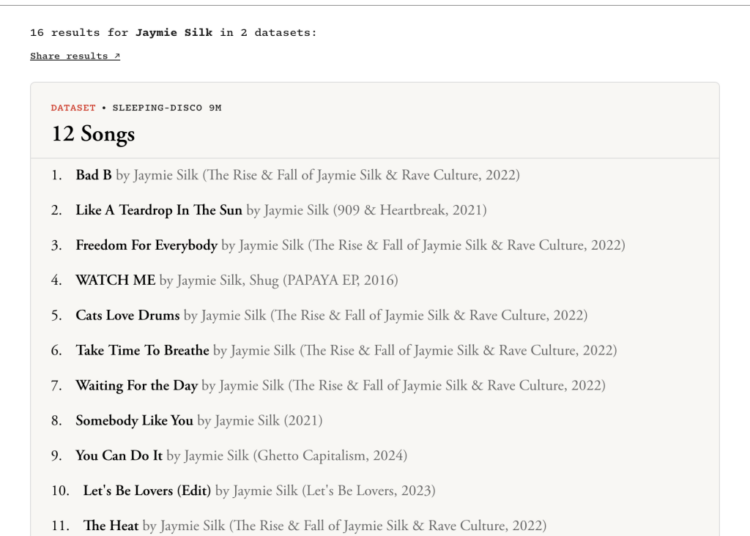 Jaymie Silk song results, showing over a dozen tracks.