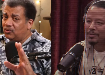 Neil deGrasse Tyson and Terrence Howard engaged in conversation during individual podcast interviews