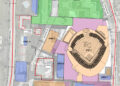 A portion of a development plan for Crown Center as part of a rezoning for a sports and entertainment district.