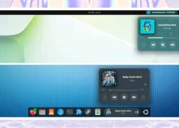 Now playing music applet showing in Ubuntu panel and dock.