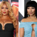 Lizzo with long blonde hair in black, and Nicki Minaj with straight black hair in blue.