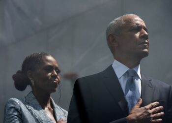 Former President Barack Obama and former First Lady Michelle Obama on stage during the dedication ceremony for the Obama Presidential Center, Thursday, June 18, 2026, in Chicago. (AP Photo/Alex Brandon)