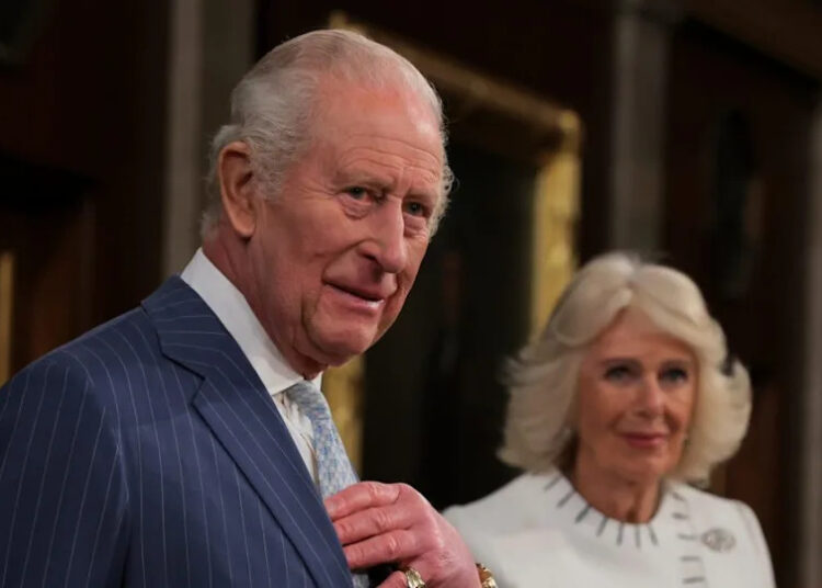 Britain’s King Charles III finishes his address to a joint meeting of Congress while Queen Camilla applauds in the House Chamber of the U.S. Capitol in Washington, Tuesday, April 28, 2026. (Kylie Cooper/Pool via AP)