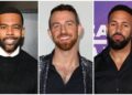 Three headshot portraits of smiling men with beards, one Black man, one white man, and one Black man wearing a black suit.
