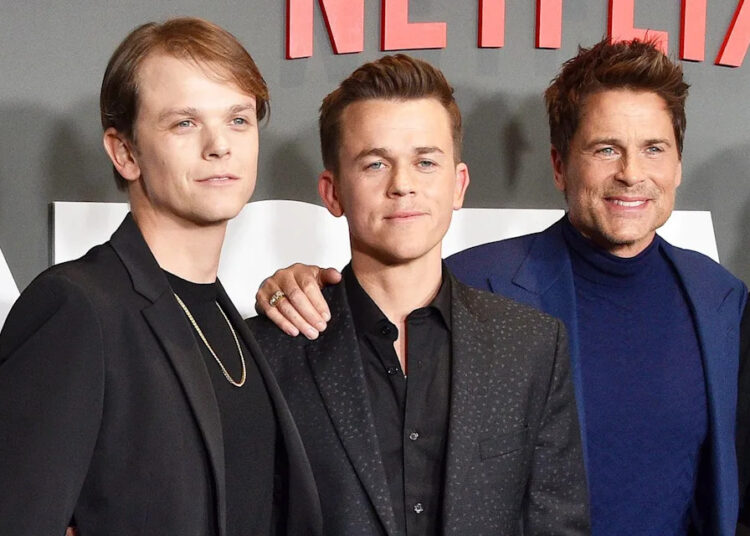 Matthew Edward Lowe, John Owen Lowe, Rob Lowe, and Sheryl Berkoff attend the Los Angeles premiere of Netflix's