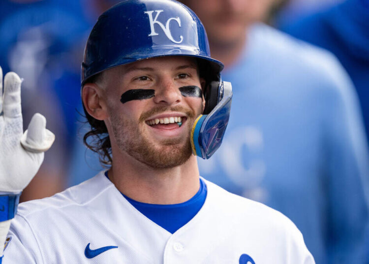 Royals shortstop Bobby Witt Jr. celebrates in the dugout after hitting a home run during KC’s 14-6 win against the St. Louis Cardinals at Kauffman Stadium in Kansas City on Thursday, June 18, 2026.