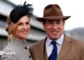 Peter Phillips and Harriet Sperling posing for a picture at a formal event. He is wearing a brown hat and matching tweed jacket with a dark blue tie. She is wearing a houndstooth-patterned blazer buttoned up to the top, and a black fascinator with gathered mesh detail. They are standing close together and smiling at the camera on a cloudy day.