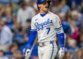 Kansas City Royals shortstop Bobby Witt Jr. walks off the field after striking out against the Boston Red Sox on Wednesday, May 20, 2026, at Kauffman Stadium.