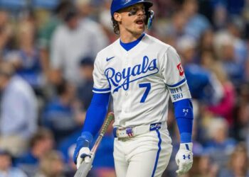 Kansas City Royals shortstop Bobby Witt Jr. walks off the field after striking out against the Boston Red Sox on Wednesday, May 20, 2026, at Kauffman Stadium.