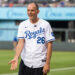 England national soccer team manager Thomas Tuchel wears a Royals jersey while visiting the team ahead of KC’s game against the St. Louis Cardinals at Kauffman Stadium in Kansas City on Thursday, June 18, 2026.