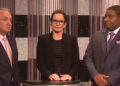 Tina Fey, Lorne Michaels and Kenan Thompson all talk during an SNL sketch about a fake game show.