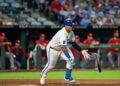 Royals catcher Salvador Perez singles during KC’s 14-6 win against the St. Louis Cardinals at Kauffman Stadium in Kansas City on Thursday, June 18, 2026.