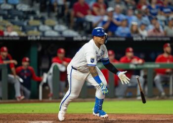 Royals catcher Salvador Perez singles during KC’s 14-6 win against the St. Louis Cardinals at Kauffman Stadium in Kansas City on Thursday, June 18, 2026.